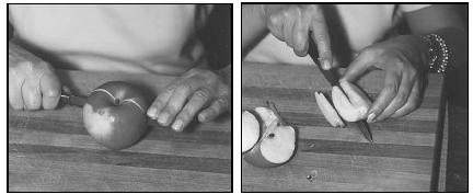 Fried Apples are made from thinly sliced apples. To prepare an apple for slicing, first cut it in half, and then into quarters. Cut away the core and seeds, and then cut each quarter into thin slices. EPD Photos