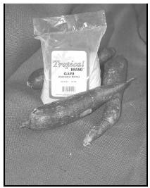 Cassavas resemble sweet potatoes, but have a shiny, brittle skin. Pictured with the cassavas here is a bag of gari (or cassava meal), which may be used to make fufu. EPD Photos