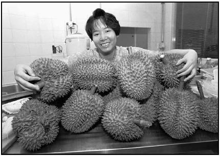 Indonesians are enthusiastic about the durian, the football-sized spiky fruit that some Westerners have described as smelling like kerosene. Chefs use the flesh to make cakes, ice cream, and other desserts. AP Photos/Vincent Yu
