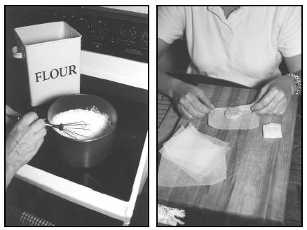 The first step in making Polvoron (Powdered Milk Candy) is toasting the flour. After the other ingredients are added, the mixture is shaped into coin-shaped candies. The candies are then wrapped in wax paper for easy storage or sharing with a friend. EPD Photos